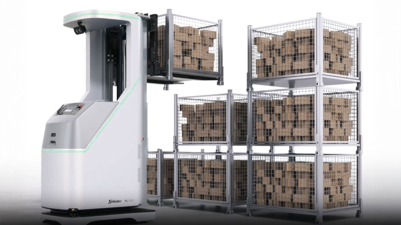 A robotic forklift moving a stackable bin