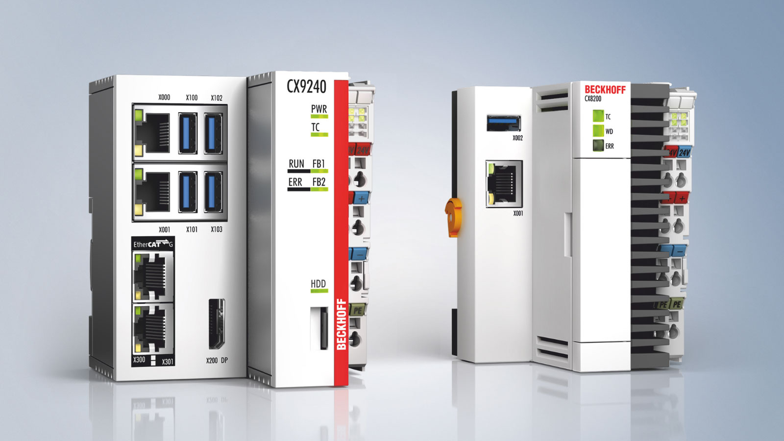 The ultra-compact CX9240 (left) and CX82xx Embedded PC series (CX8200 shown) open up entirely new application areas with modern multi-core ARM Cortex™ A53 processors. (Picture credits: Beckhoff Automation)