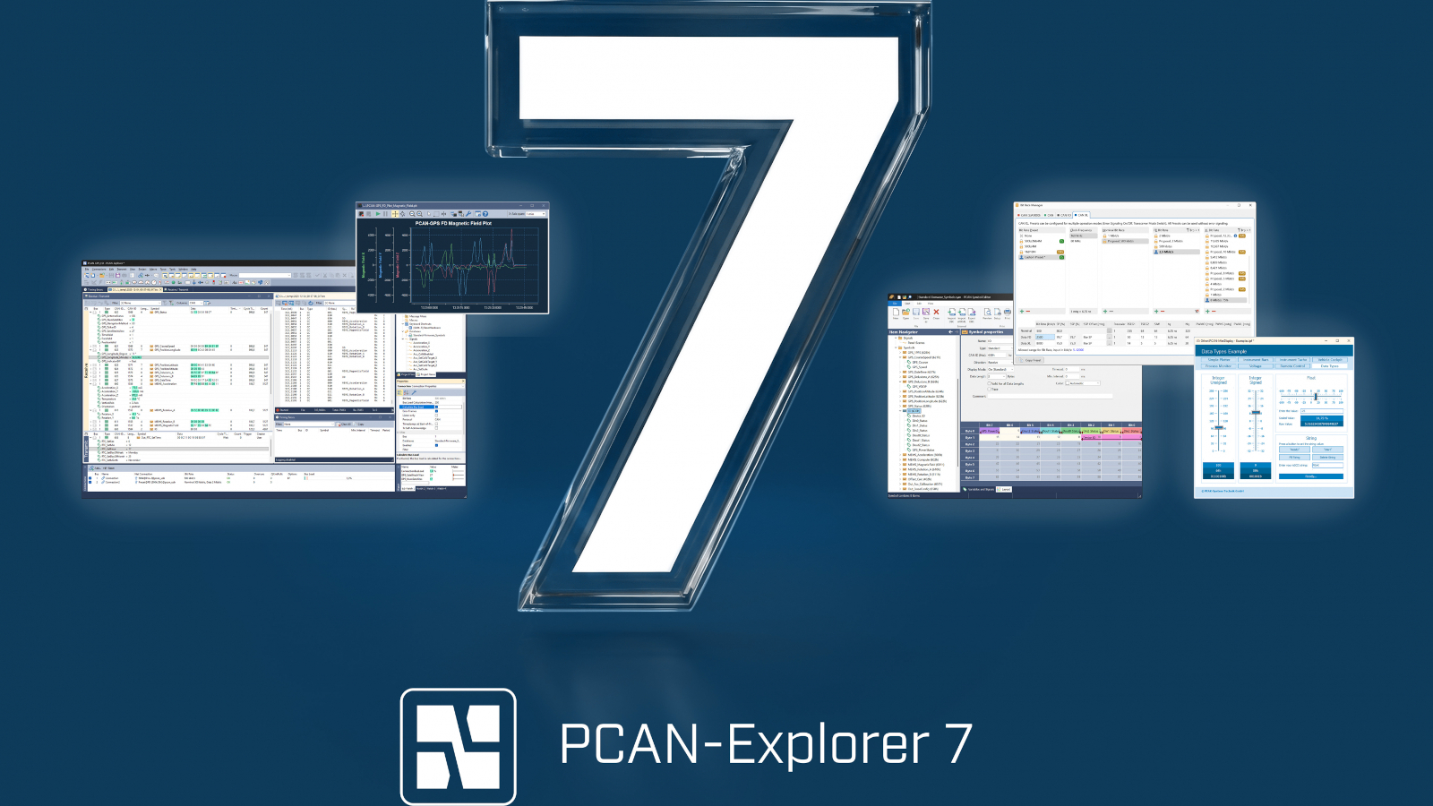 A graphic depicting several interfaces from PCAN-Explorer, which has just released its seventh version. A graphic depicting several interfaces from PCAN-Explorer, which has just released its seventh version.