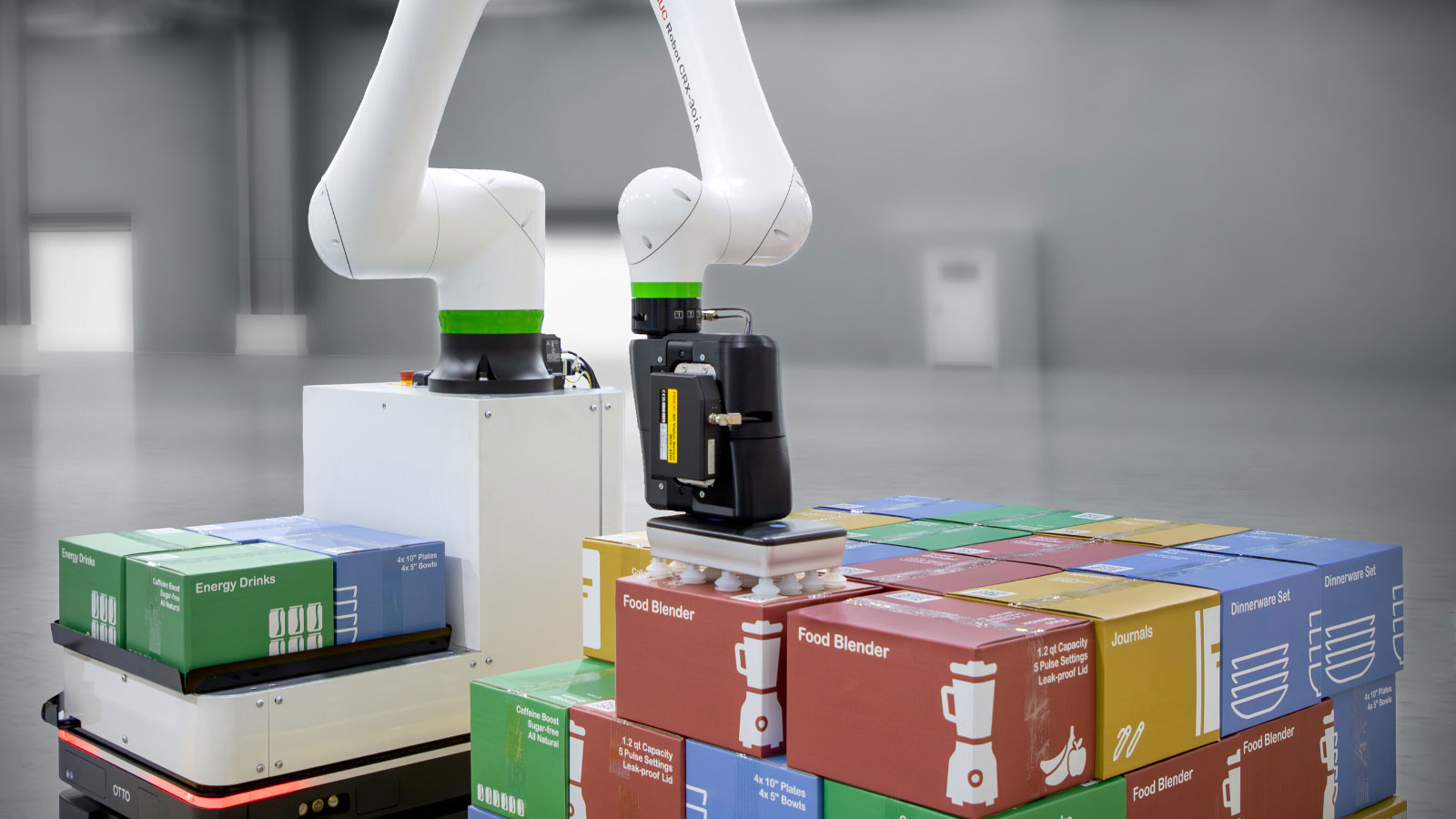 The CRX‑30iA mobile manipulator demonstrating palletizing with a fully integrated robotic autonomous mobile robot (AMR) system engineered for warehouse, fulfillment and distribution environments.