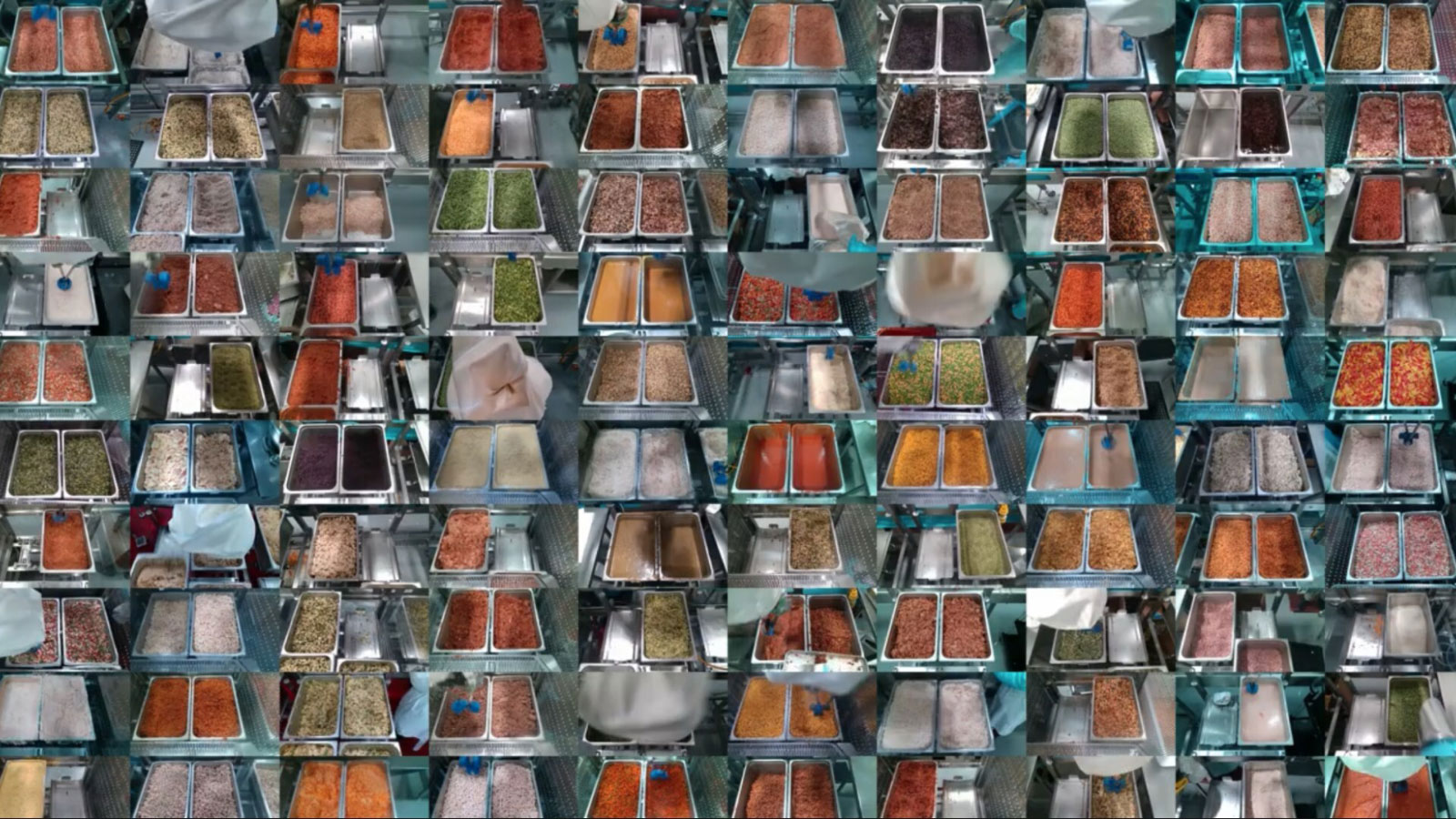 A montage of food ingredients being picked by chef robots.