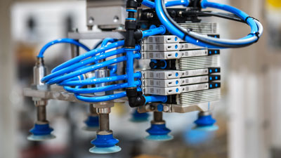 Festo VTUX compact valve manifolds, center, are placed on the end of arm tool for higher performance. VTUX features integrated vacuum with sensors for minimum energy consumption.