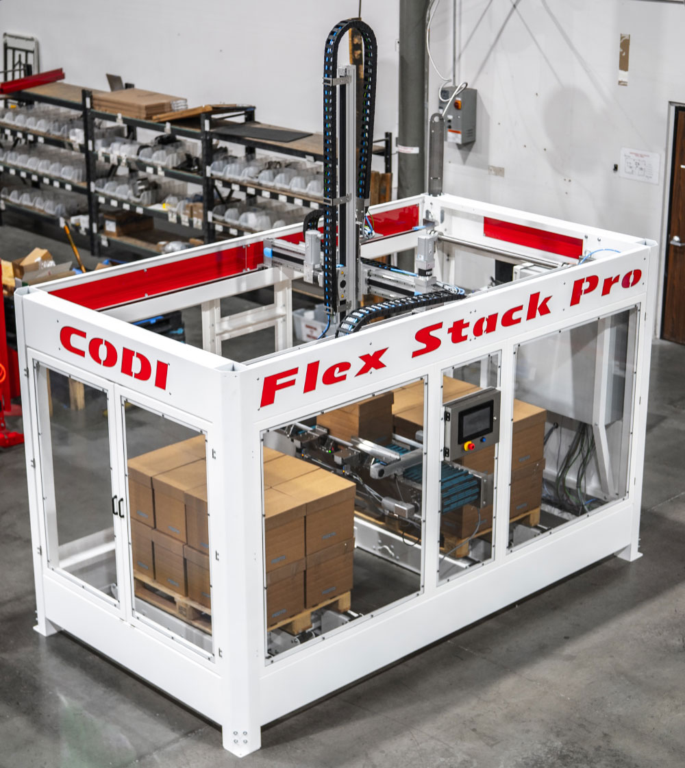 The FlexStack Pro from CODI Manufacturing can be used to automate palletizing in a small footprint.