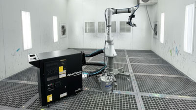 Hirebotics’ Cobot Painter brings robotic spray painting to manufacturers who need a flexible, affordable alternative to traditional paint booths and manual spraying to handle liquid paint and powder coating with repeatable precision. (Image from Hirebotics, background generated via AI)