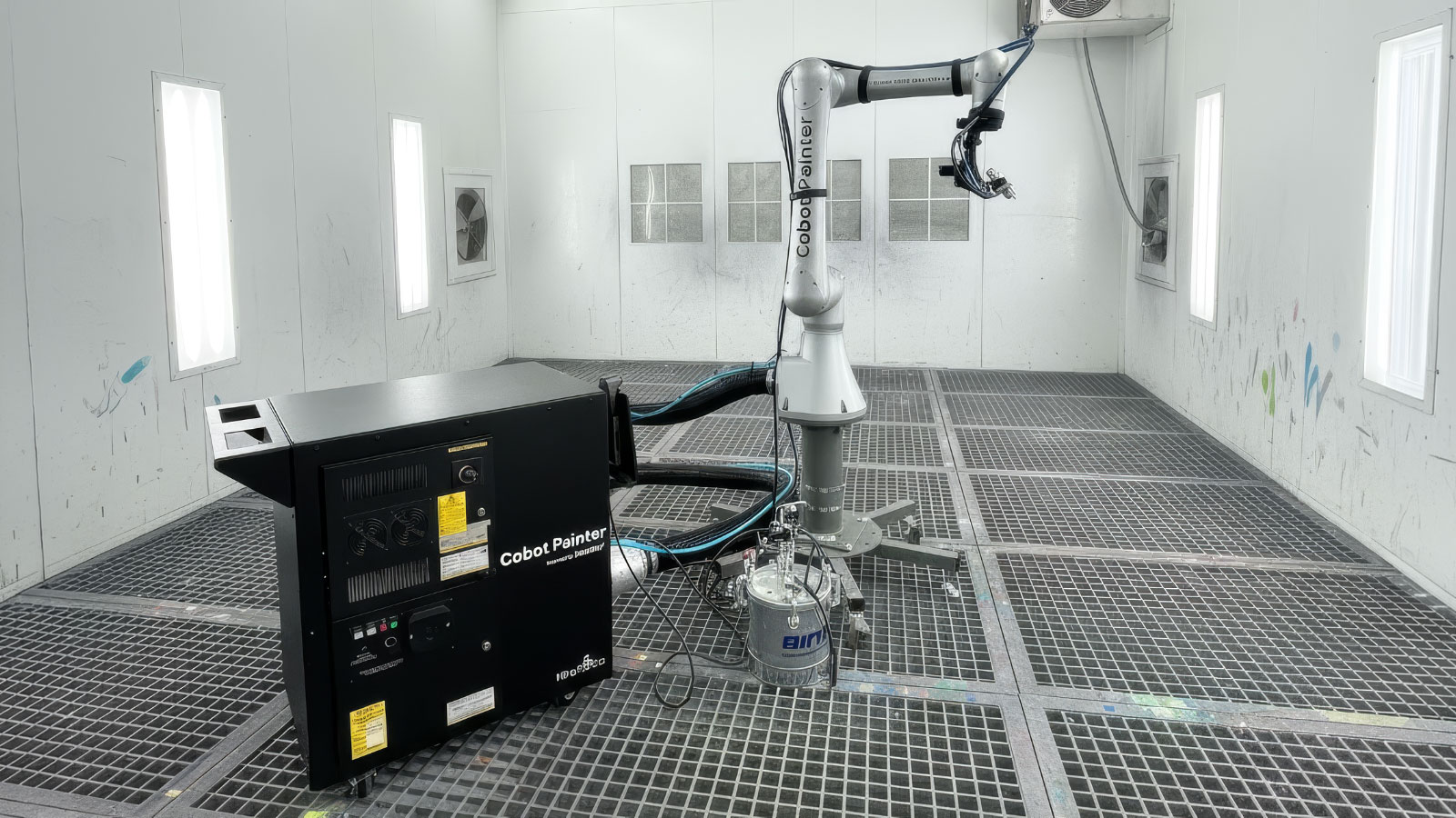 Hirebotics’ Cobot Painter brings robotic spray painting to manufacturers who need a flexible, affordable alternative to traditional paint booths and manual spraying to handle liquid paint and powder coating with repeatable precision. (Image from Hirebotics, background generated via AI)