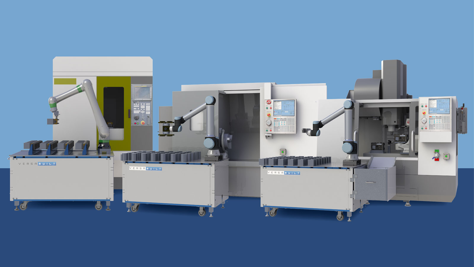 VersaBuilt's cobot machine tending solutions are designed for ease of implementation in job shops and other high-mix, low-volume operations. VersaBuilt's cobot machine tending solutions are designed for ease of implementation in job shops and other high-mix, low-volume operations.