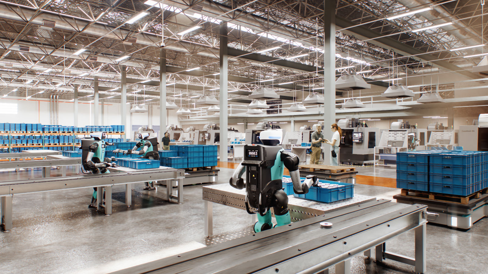 The humanoid robot Digit 5 from Agility Robotics is designed to handle tasks throughout the entire factory workflow, from receiving inventory, through machine tending and manufacturing support, through end-of-line packaging and fulfilment.