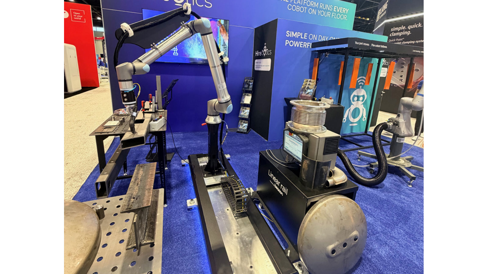 Paint line tracking allows Hirebotics’ Cobot Painter to follow the movement of a part and maintain its programmed painting path while the conveyor continues running. Hirebotics’ new linear rail, available in 5-foot increments or custom lengths, allows the cobot to move along the length of a large workpiece and reach the next section of weldment or other process locations without repositioning the part.
Paint line tracking allows Hirebotics’ Cobot Painter to follow the movement of a part and maintain its programmed painting path while the conveyor continues running. Hirebotics’ new linear rail, available in 5-foot increments or custom lengths, allows the cobot to move along the length of a large workpiece and reach the next section of weldment or other process locations without repositioning the part.