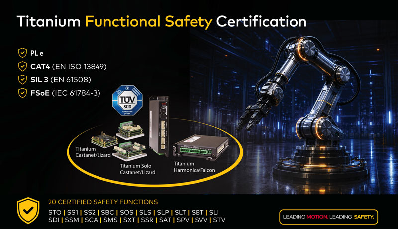Elmo's Titanium products extend certified Functional Safety across Elmo’s Titanium servo-drive portfolio, from miniature industrial designs to ruggedized solutions engineered for demanding operating environments.