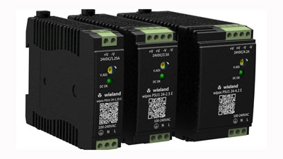 Wieland Electric's WIPOS PRO LINE PSU1 industrial power supply featuring push-in connectivity, high surge protection, and a compact footprint for control panels.