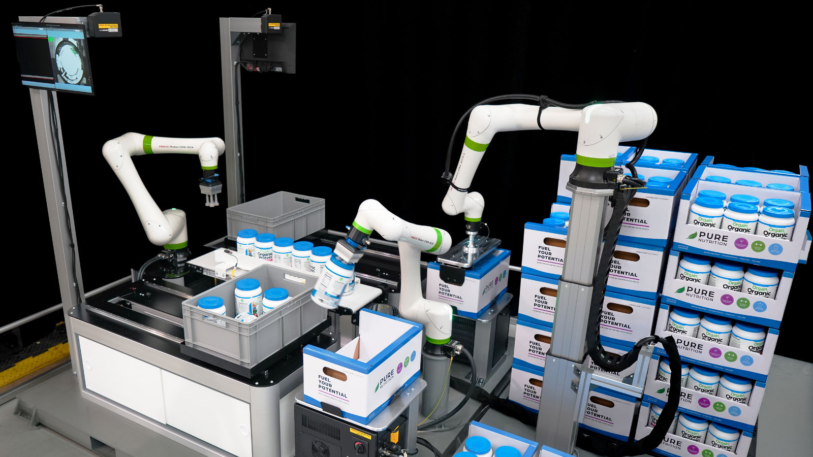 A coordinated work cell featuring FANUC CRX-20iA/L, CRX-10iA and CRX-5iA collaborative robots demonstrate an end-to-end packaging workflow at the PACK EXPO International 2026 show in Chicago Oct. 18-21.
